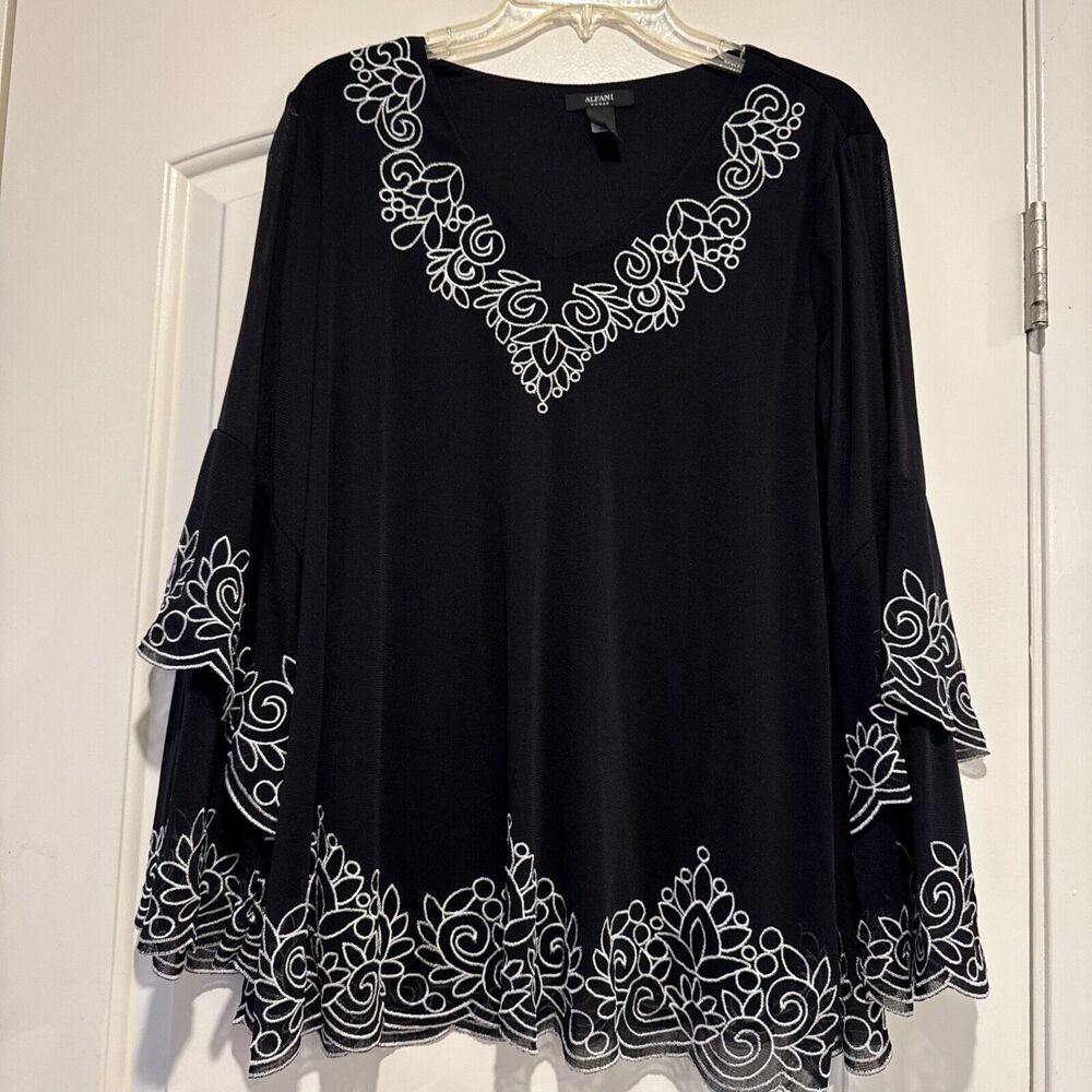 Alfani Woman 1X Black Top White Embroidery Flared Swing Lined Tiered Sleeves